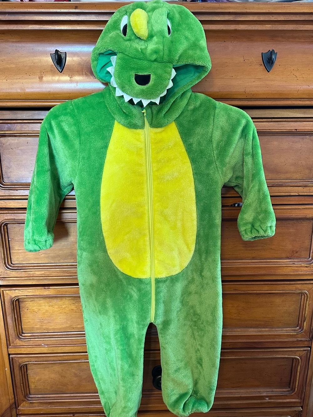 Kids Green Dino One-Piece Fleece Romper with Hood